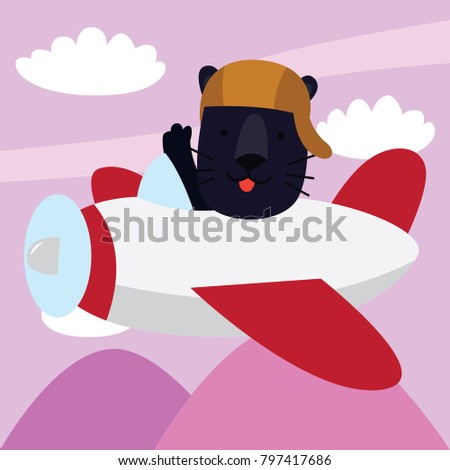 Cute black bear as a pilot. Cute animal in transportation vehicle set.