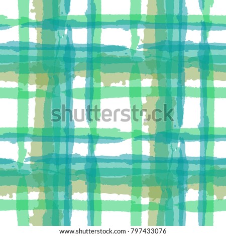 Plaid. Seamless Grunge Pattern with Hand Painted Crossing Brush Strokes for Swimwear, Upholstery, Textile. Rustic Check Texture. Vector Seamless Plaid. Scottish 
Ornament