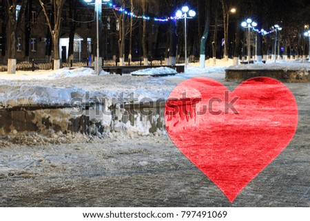 Set Valentines Background, Heart, Valentine day love. Snow night town
