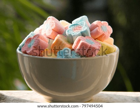 Marshmallow flowers are in a white cup and have a blur natural green background.