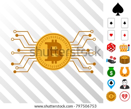 Digital Bitcoin Coin Circuit icon with bonus gambling clip art. Vector illustration style is flat iconic symbols. Designed for gamble gui.
