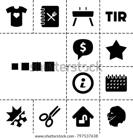 Template icons. set of 13 editable filled template icons such as lion, dollar sign in cloud, star, loading, scissors, t-shirt with heart, home lock, menu, cold and hote mode