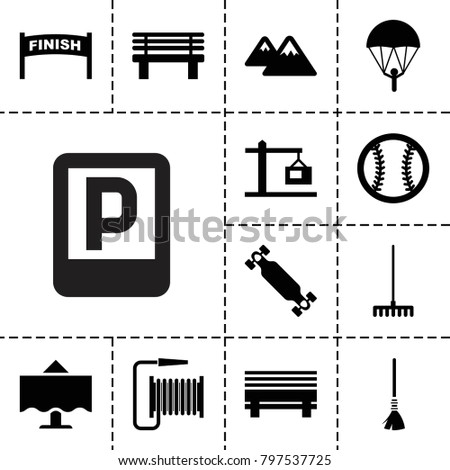 Outdoor icons. set of 13 editable filled outdoor icons such as parachute, finish, rake, bench, construction  crane, mountain, restaurant table, skate board, baseball, parking