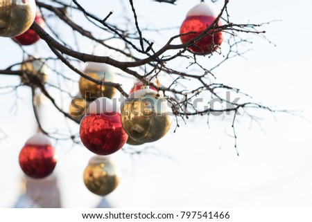 christmas balls on a bare tree in winter