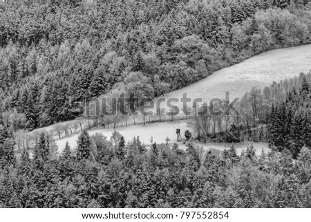 Fine art monochrome  idyllic winter landscape countryside image of a lookout on a snowy field surrounded by a forest with snow on the trees in graphical painting style