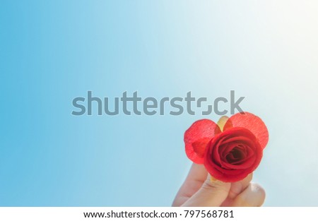 a man thought of offering a heart rose as a present to his lady for valentines day with bright blue clear sky