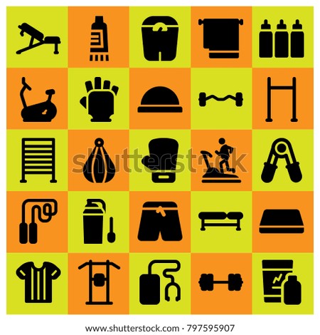 Fitness icon set vector. pull up, stationary bike, gym bars and biceps dumbbell