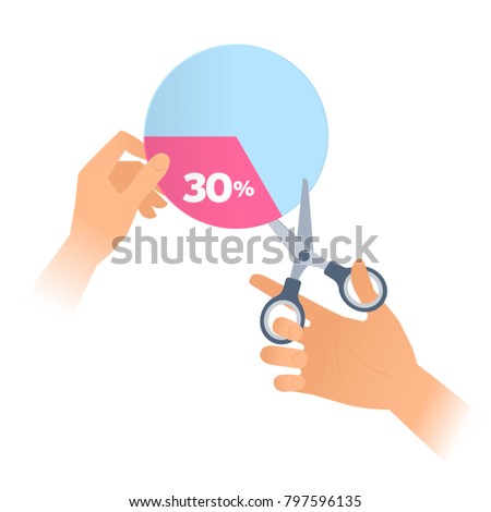 Human hand is using a scissors to cut a 30 percent section of pie chart off. Flat illustration of steel office shears with plastic handles cutting out a percentage from profit. Vector business concept