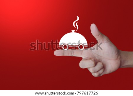 Restaurant cloche flat icon on finger over light gradient red background, Food delivery concept
