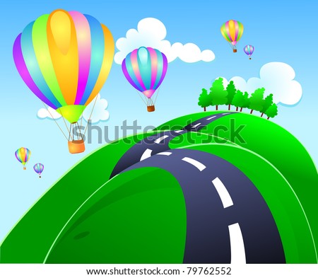 A group of hot-air balloon lands on the hills, vector