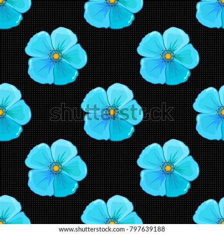 Cute vector floral background. Cosmos flowers seamless pattern in black, gray and blue colors.