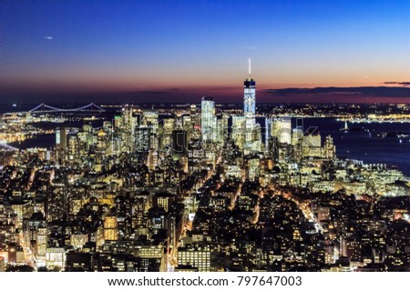 aerial view financial district New York at dusk