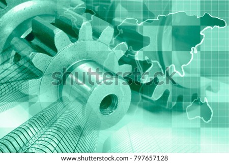 Business background in greens with map, gears and office buildings.