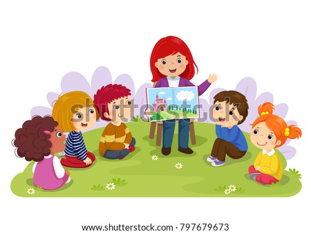 Teacher telling a story to nursery children in the garden Royalty-Free Stock Photo #797679673