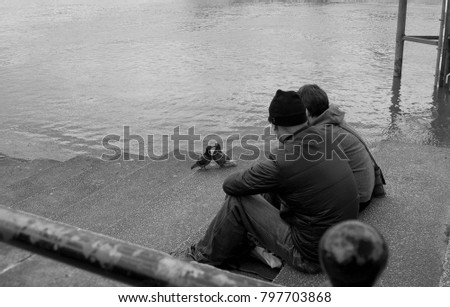 young lovers couple sitting in the stairs front of the river looking to two loving birds kissing. Two doves in a grayscale st valentines picture.