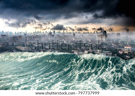 Conceptual nature disaster city destroyed by Tsunami waves Royalty-Free Stock Photo #797737999