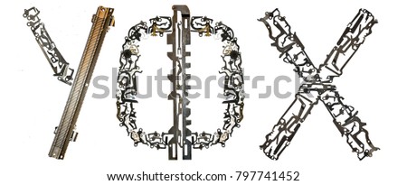 Serbian Cyrillic alphabet,  letters `?, ?, X` Latin `U, F, H`, assembled from metallic parts, isolated on white