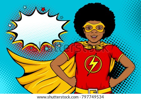 Wow afro face. Cute surprised little boy in mask dressed like superhero with open mouth shows his power and speech bubble. Vector illustration in retro pop art comic style. Party invitation poster. Royalty-Free Stock Photo #797749534