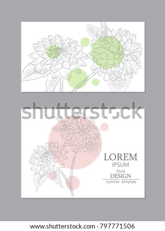 Invitation, wedding, greeting card design with high detailed flowers and leaves isolated on white backgrounds. Brochure, cover page, document, booklet vector templates