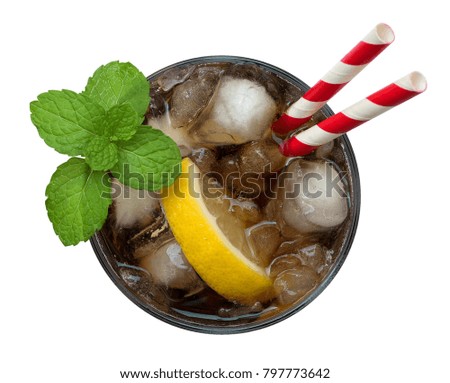 Cola with ice cubes and yellow lemon sliced in glass top view isolated on white background, clipping path included