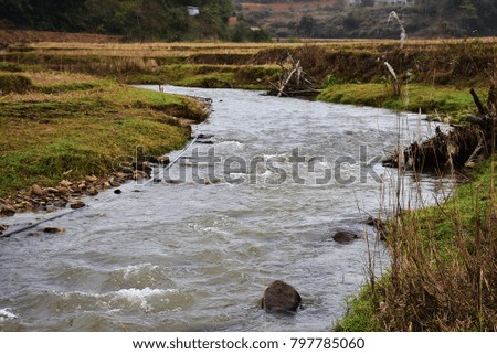 Natural stream flows through the fields. is agricultural Irrigation System In remote areas, prosperity in Laos.
