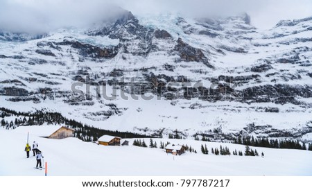 Unidentified tourists prepare to play ski Activities at the Jungfraujoch Ski Region in Switzerland.