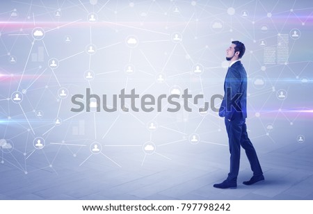 Linking people concept with lonely elegant businessman who walking somewhere
