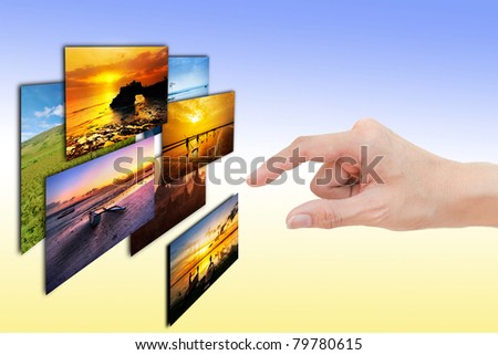 woman hand select photos in color background