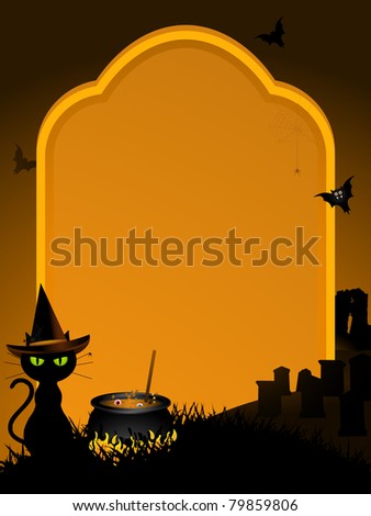 Black cat wearing witch's hat sat next to a bubbling cauldron with grave stones and abbey in the background