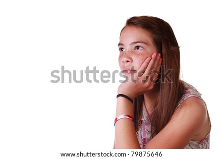 Bright picture of a healthy, teenage girl with long brown hair on isolated white background