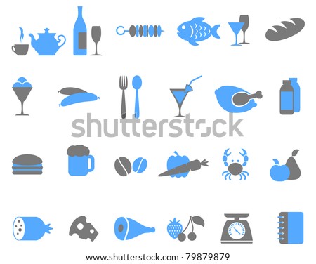 Food icon set vector format. Grey and blue colour.