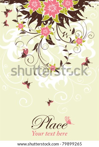 Grunge decorative floral frame with butterfly, element for design, vector illustration