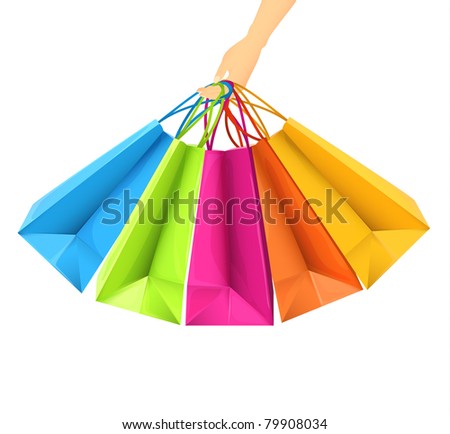 Hand holding shopping bags - vector illustration