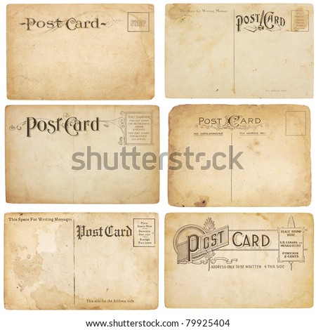 A set of six heavily aged but unstamped post cards from early 1900s. Postcards are blank with room for your text and images. Isolated on white with clipping paths. Royalty-Free Stock Photo #79925404