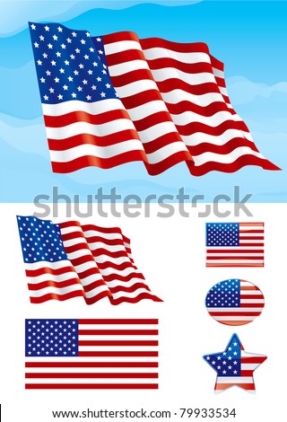 Set of American flag. Flag of USA on blue sky, Isolated on white background and icons with it - star, square and oval shape