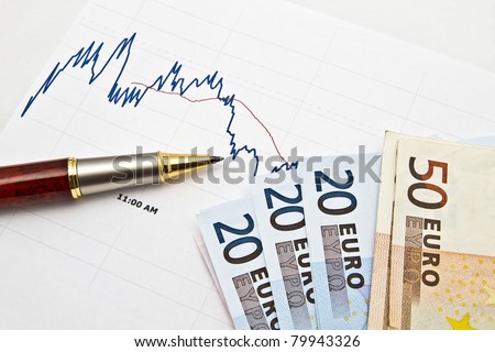 Currency and pen closeup on business graph background