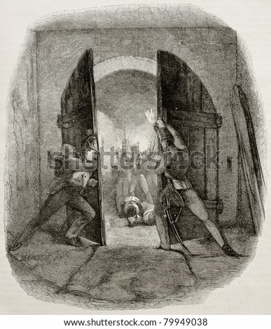 Old illustration of British soldiers closing door in Hougmount castle, defending from French attack during Waterloo battle. Created by Pauquet after Jones, publ. on Magasin Pittoresque, Paris, 1850
