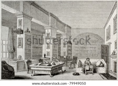 Old illustration of library in Edgeworthstown House, Ireland. By unidentified author, published on Magasin Pittoresque, Paris, 1850