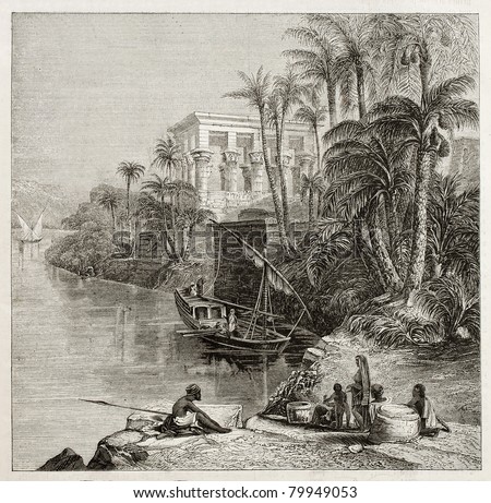 Old illustration of Trajan kiosk, hypaethral temple, today in Agilkia Nile island, transported from Philae island., Egypt. Created by Bartlett, published on Magasin Pittoresque, Paris, 1850