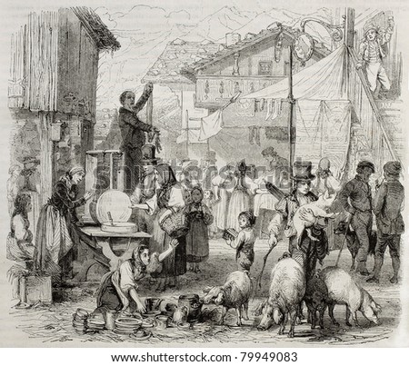 Old illustration of Brienz fair, in the Swiss canton of Berne. Created by Girardet, published on Magasin Pittoresque, Paris, 1850