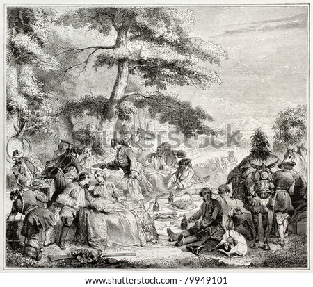 Old illustration of hunting break having meal on lawn. Created by Janet-Lange after Van Loo picture Halte de Chasse (kept in the Louvre museum). Published on Magasin Pittoresque, Paris, 1850