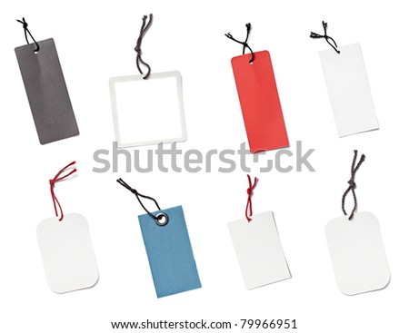 collection of various blank price labels on white background. each one is shot separately