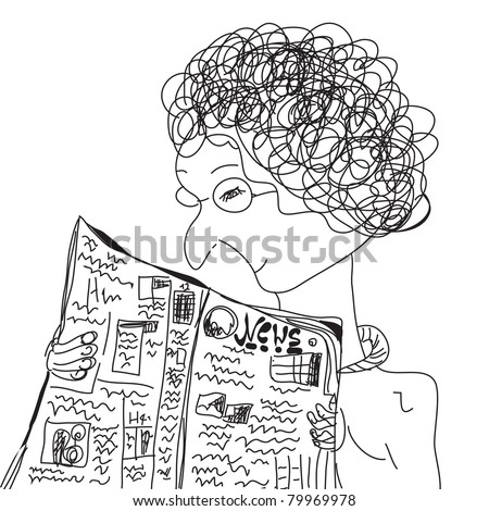Old woman reading newspaper cartoon
