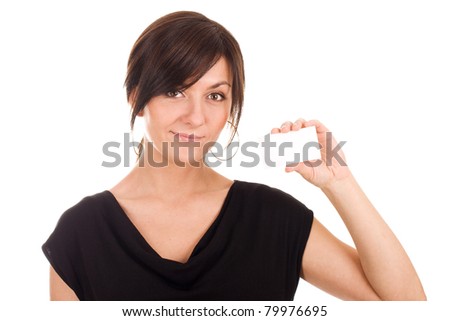 Beautiful young woman holding blank business card