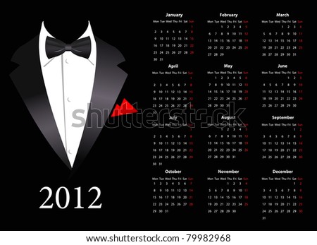 Vector European calendar 2012 with elegant suit, starting from Mondays