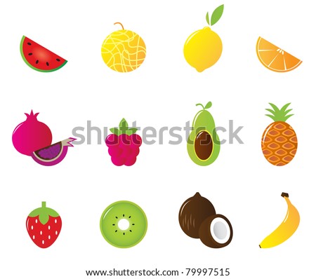 12 fruit and berries cute icons collection. Vector Illustration.