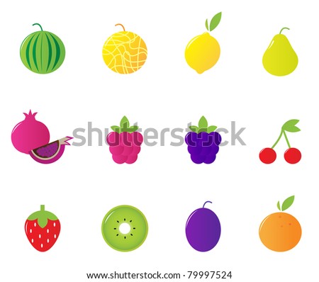 12 fruit and berries cute icons collection. Vector Illustration.
