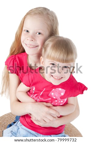 Picture of two little girsl isolated on white background