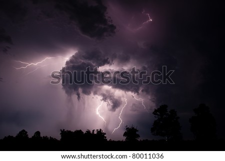 A dramatic scene is formed by a combination of intra cloud and cloud to cloud lightning. The pictures were shot around 3am on June 24, 2011 near West Point, AR