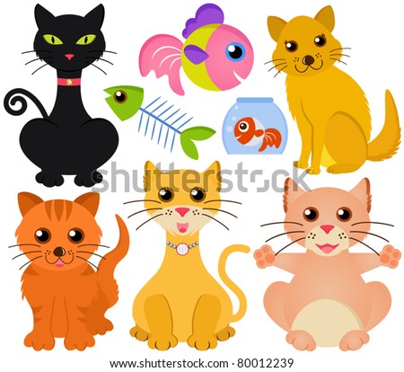 Cartoon Vector of different cat, kitten and fish. A set of cute and colorful icon collection isolated on white background
